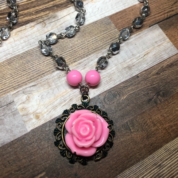 nice vs naughty Jewelry - Pretty pink rose rosary bead pendant necklace mom